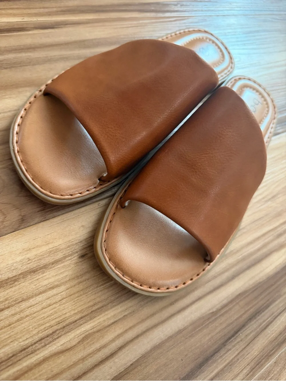 b.o.c. Women's Cognac Slide Sandals - Wide Leather Strap